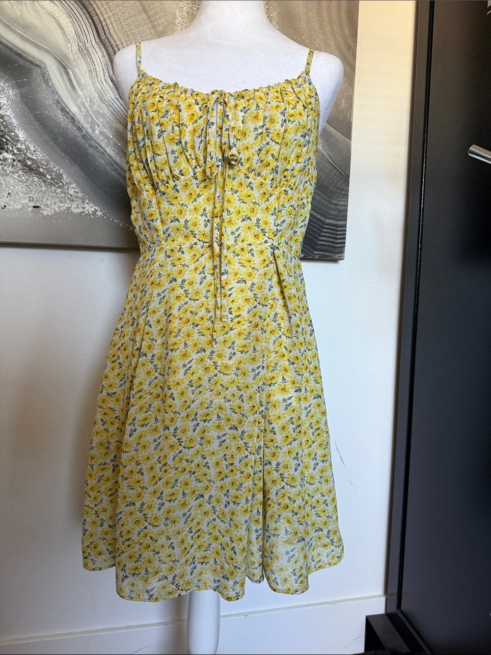 Papaya Yellow Floral Tie-Front Spaghetti Strap Mini Dress